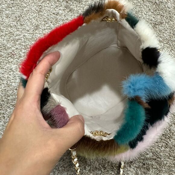 Handmade Color-block Genuine Mink Fur & Drawstring Bucket Bag Includes 2 Straps - Picture 16 of 16